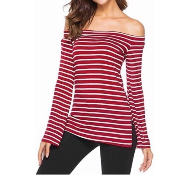 ZJCT brand Red and White Striped Boat Neck Shirt - Picture 2 of 12